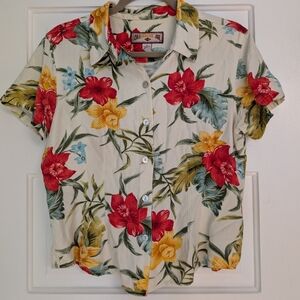 Caribbean Joe Tropical Hawaiian Floral Red Yellow Shirt Size M